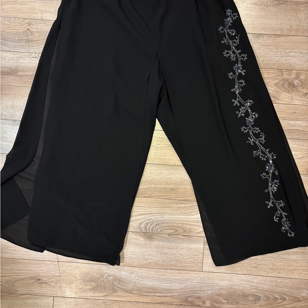 R&M Richards Black Wide-Leg Pants with Silver Embroidery